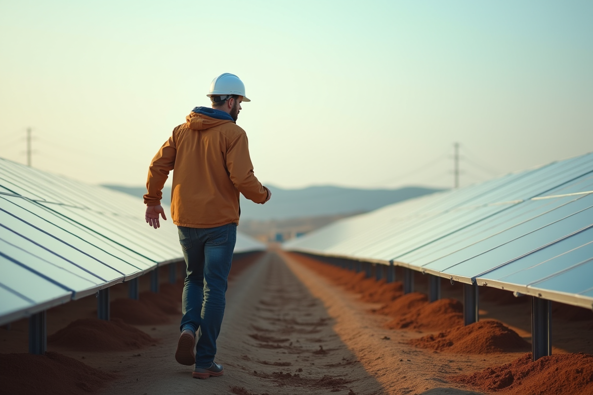 Jeune homme en travail dans une ferme solaire moderne