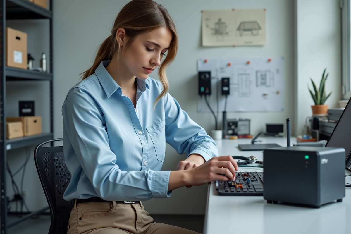 Ingénieure en intérieur assemblant stockage d energie