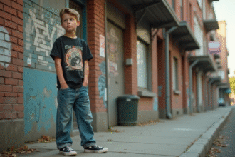 Jeune adolescent en ville avec jeans vintage et sneakers