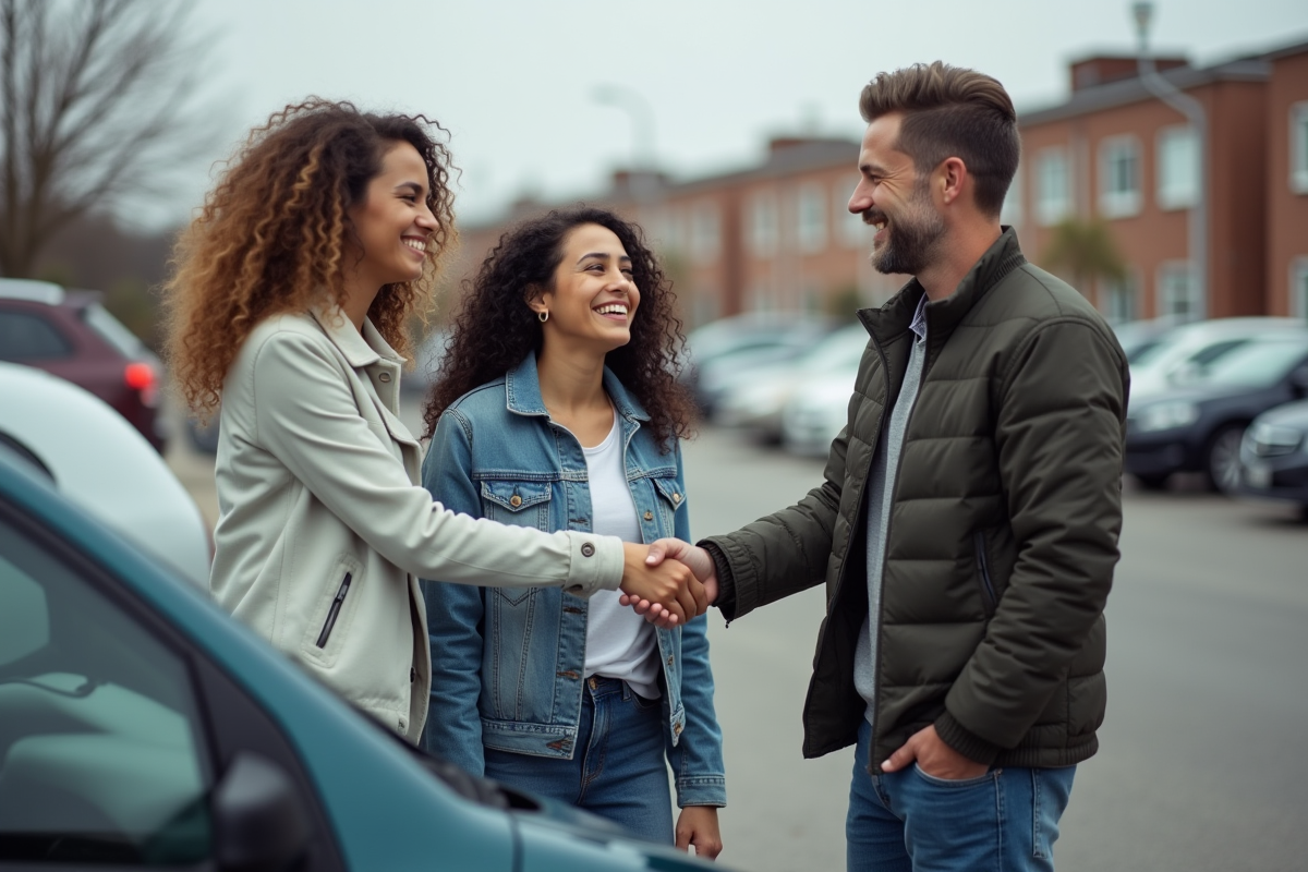 Deux femmes souriantes avec un homme devant une voiture en banlieue