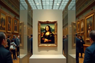 La Joconde de Léonard de Vinci exposée derrière sa vitre blindée dans la Salle des États du musée du Louvre, entourée de visiteurs