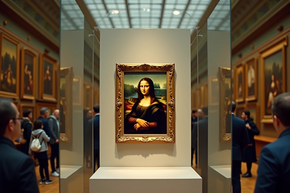 La Joconde de Léonard de Vinci exposée derrière sa vitre blindée dans la Salle des États du musée du Louvre, entourée de visiteurs