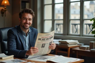 Journaliste souriant dans un bureau parisien avec journaux satiriques