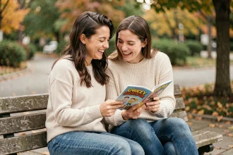Deux jeunes adultes assis sur un banc de parc partagent un manga avec des expressions complices, illustrant la thématique de Just Friends
