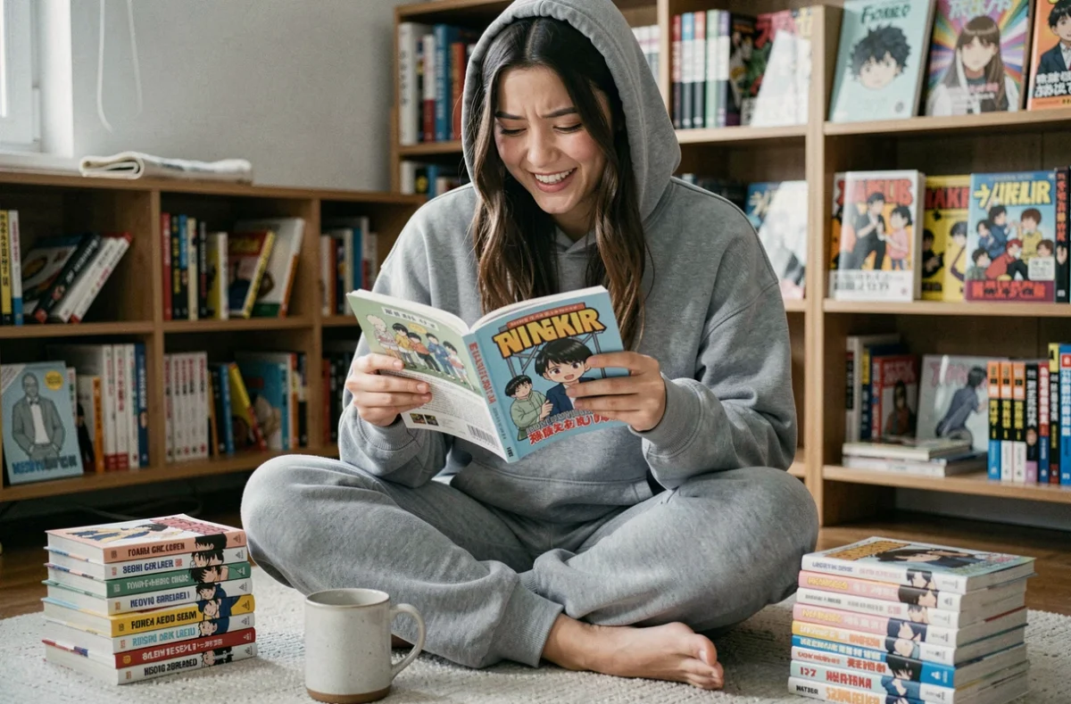 Jeune femme lisant un volume de manga Just Friends dans une chambre cosy entourée de livres, ambiance lecture intimiste