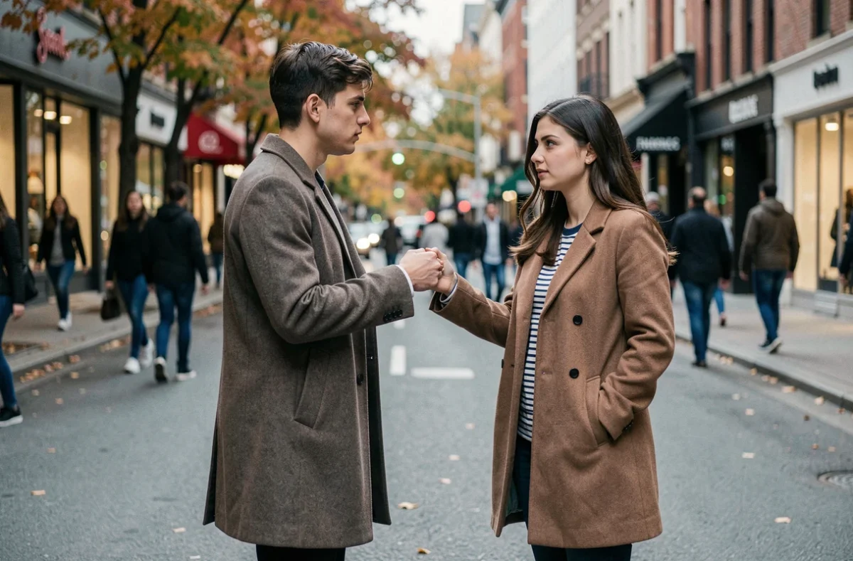 Deux jeunes adultes dans une rue animée dans une scène de tension romantique rappelant l'univers du manga Just Friends