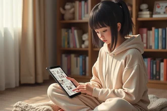 Jeune femme lisant des scans yaoi boy's love sur tablette dans une chambre décorée de mangas
