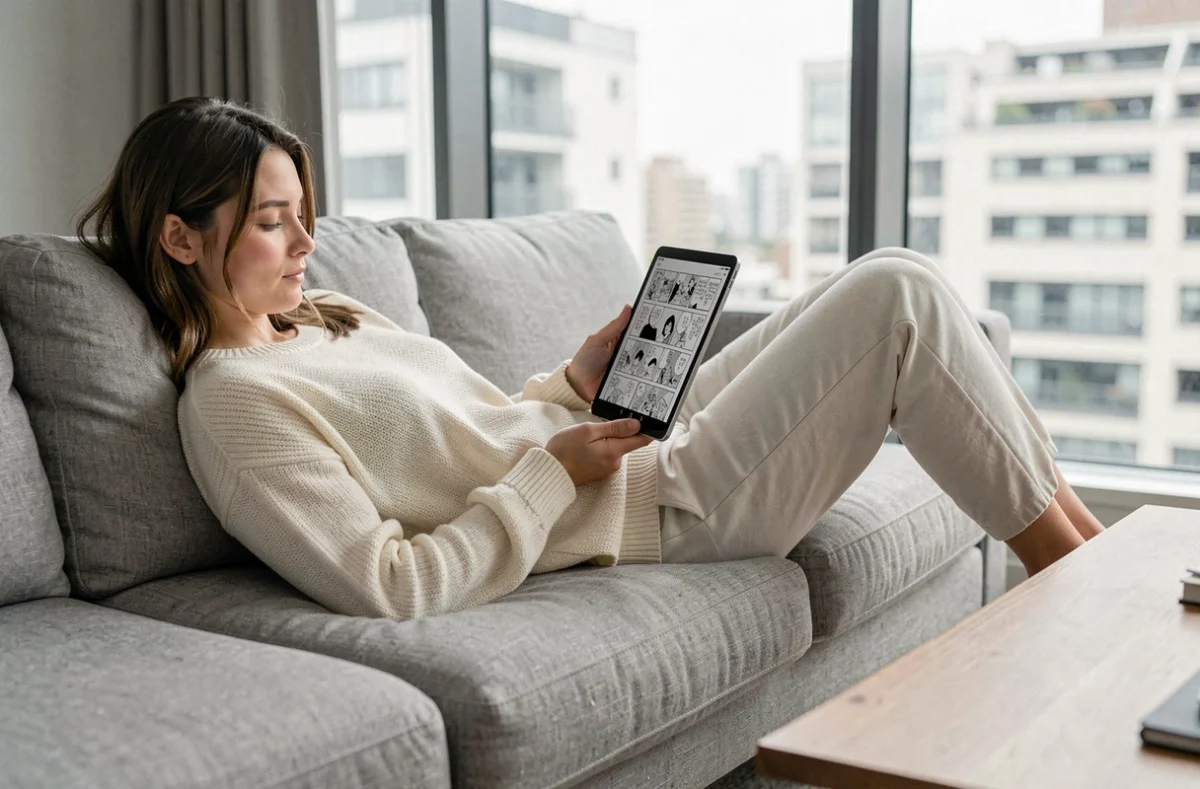 Jeune femme lisant un chapitre de One Piece sur tablette confortablement installée dans son salon