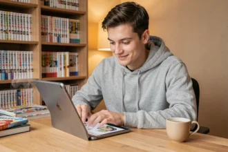 Jeune homme lisant un scan manga One Punch Man sur tablette dans un appartement cosy avec des étagères de mangas en arrière-plan