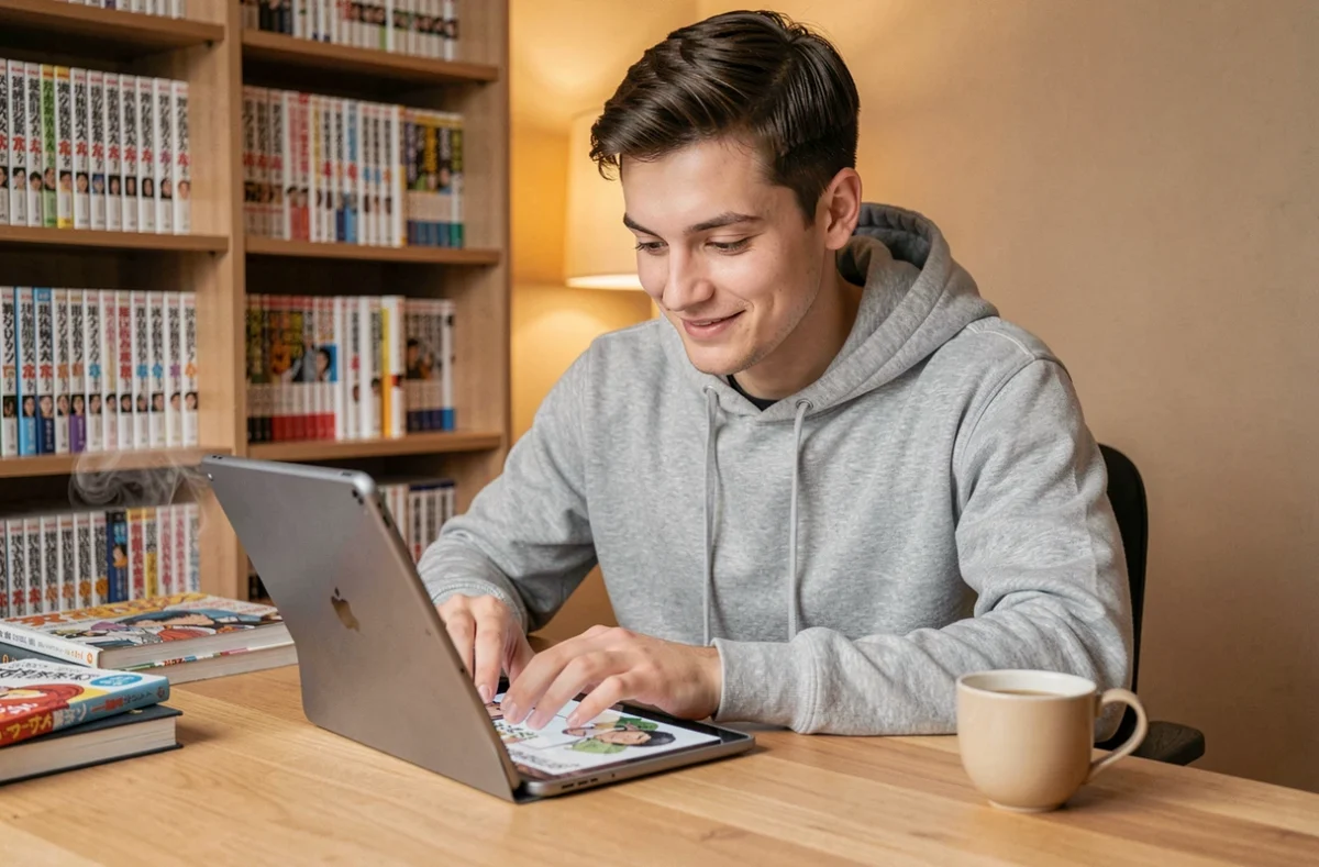 Jeune homme lisant un scan manga One Punch Man sur tablette dans un appartement cosy avec des étagères de mangas en arrière-plan