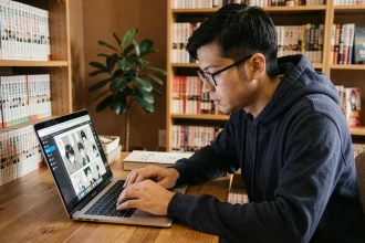 Jeune homme lisant le scan One Piece en VF légalement sur son ordinateur portable dans un bureau cosy