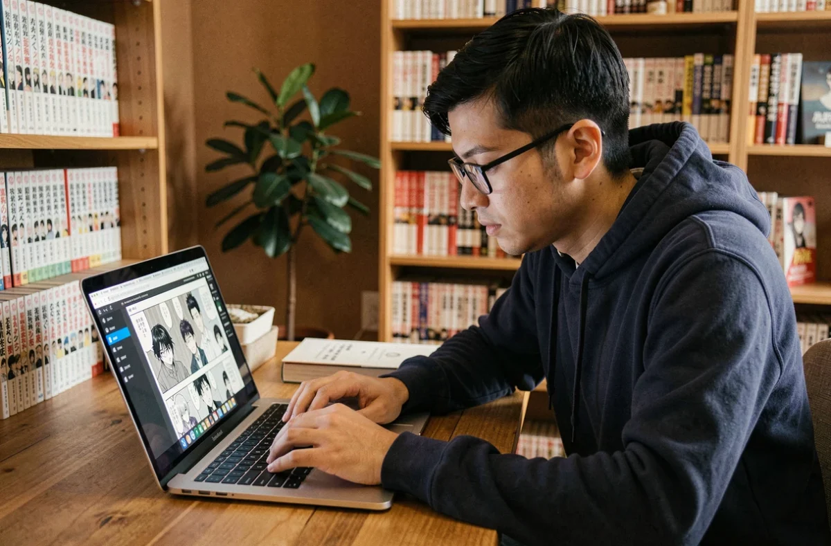 Jeune homme lisant le scan One Piece en VF légalement sur son ordinateur portable dans un bureau cosy