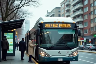 Bus de la ligne 235 à l'arrêt avec passagère embarquant, abribus moderne affichant les horaires en ville
