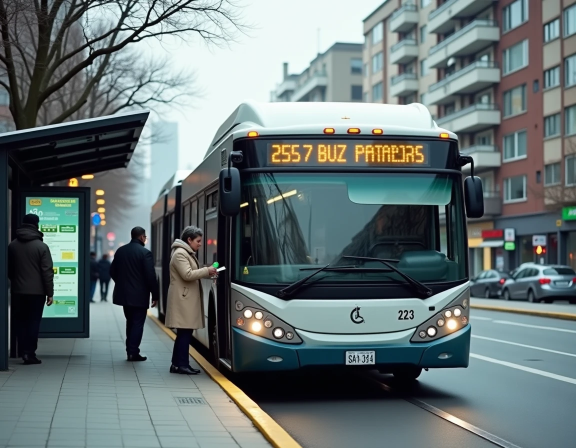 Bus de la ligne 235 à l'arrêt avec passagère embarquant, abribus moderne affichant les horaires en ville