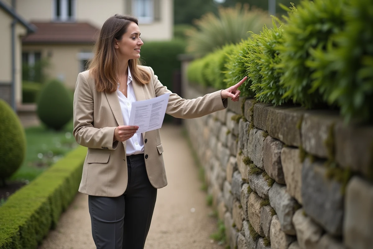Femme experte immobilière inspectant la limite de propriété d'une maison française, en lien avec les droits du propriétaire selon l'article 544