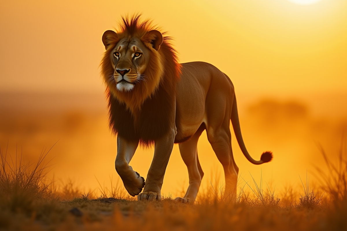 Lion mâle majestueux marchant dans la savane au lever du soleil