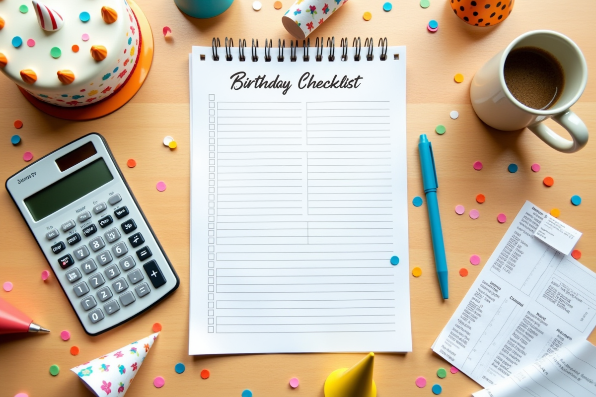 Vue de dessus d une liste de préparation anniversaire avec gâteau et confettis