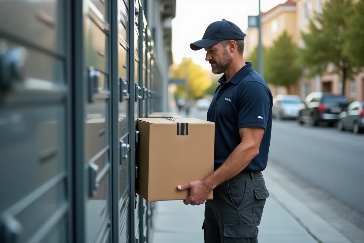 Livreur chargeant des colis dans un casier de livraison urbain