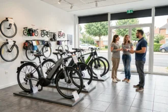 Intérieur d'un magasin de vélos électriques dans le Val-d'Oise avec plusieurs modèles exposés et un vendeur conseillant des clients