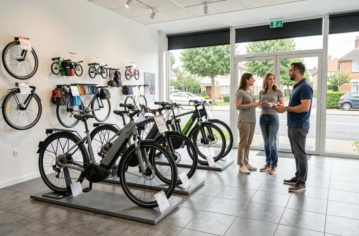 Intérieur d'un magasin de vélos électriques dans le Val-d'Oise avec plusieurs modèles exposés et un vendeur conseillant des clients