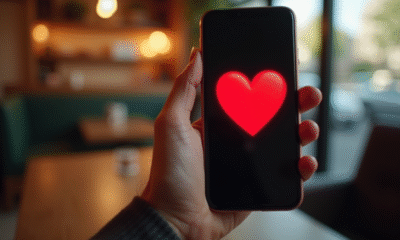 Main avec smartphone affichant un emoji cœur rouge dans un café