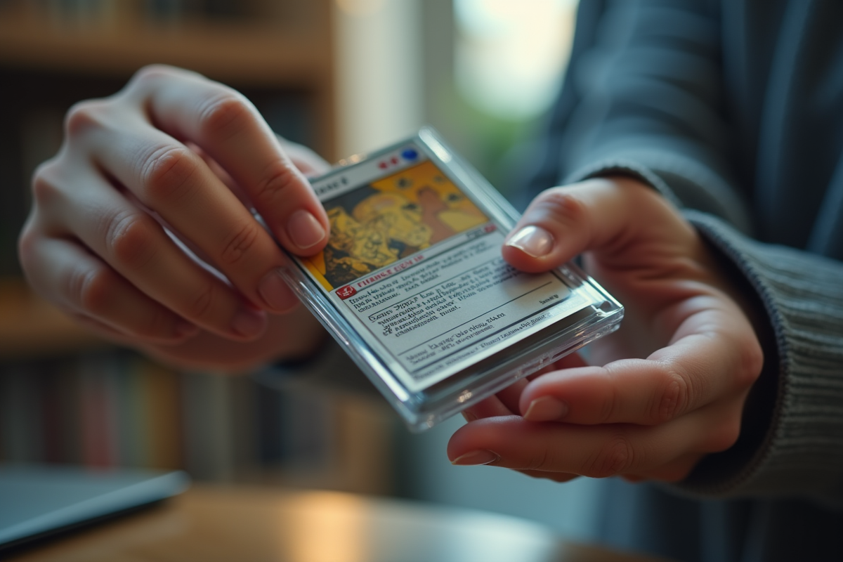 Main manipulant une carte à collectionner dans une pochette