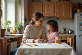 Femme et fille coloriant ensemble dans la cuisine