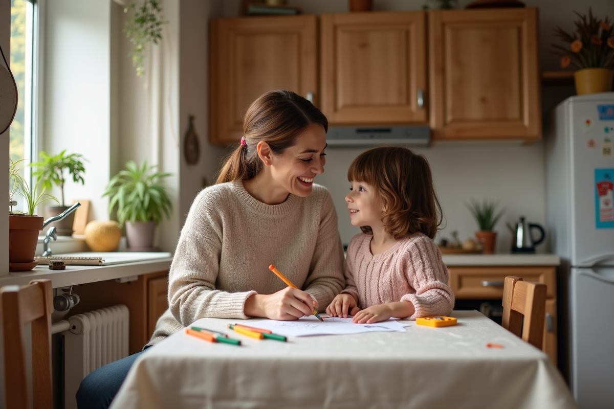 Femme et fille coloriant ensemble dans la cuisine