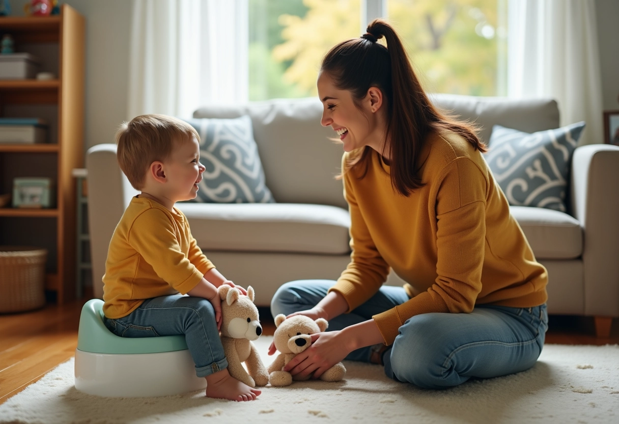 Maman et enfant riant avec le jouet Cacaboudin dans le salon