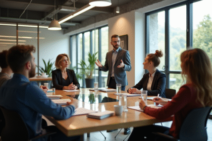 Manager confiant présentant dans un bureau moderne startup