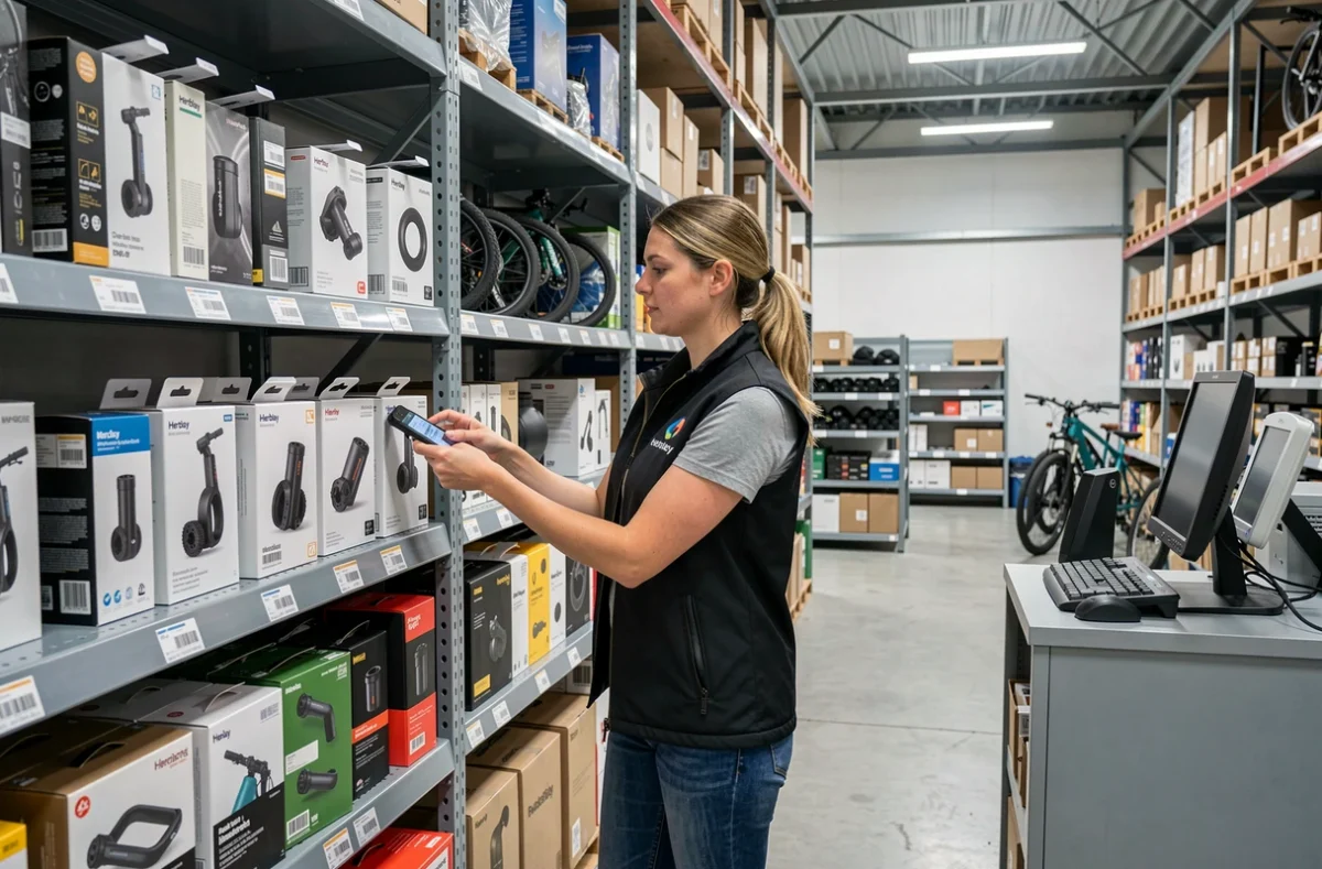 Employée du magasin Matériel-Vélo.com à Herblay gérant le stock de composants pour vélos électriques dans l'entrepôt
