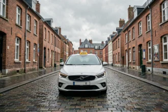 Un taxi moderne garé sur une rue pavée d'une ville du Pas-de-Calais avec architecture flamande en arrière-plan