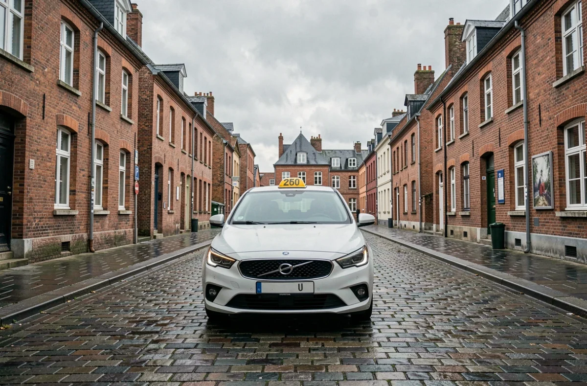 Un taxi moderne garé sur une rue pavée d'une ville du Pas-de-Calais avec architecture flamande en arrière-plan