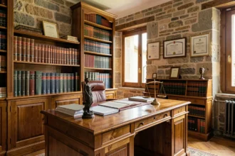 Bureau d'avocat classique en Corrèze avec bibliothèque juridique et bureau en chêne