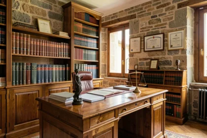 Bureau d'avocat classique en Corrèze avec bibliothèque juridique et bureau en chêne