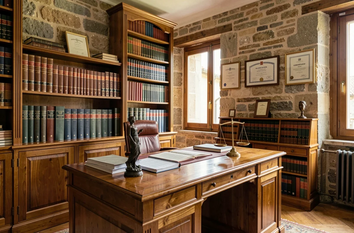 Bureau d'avocat classique en Corrèze avec bibliothèque juridique et bureau en chêne