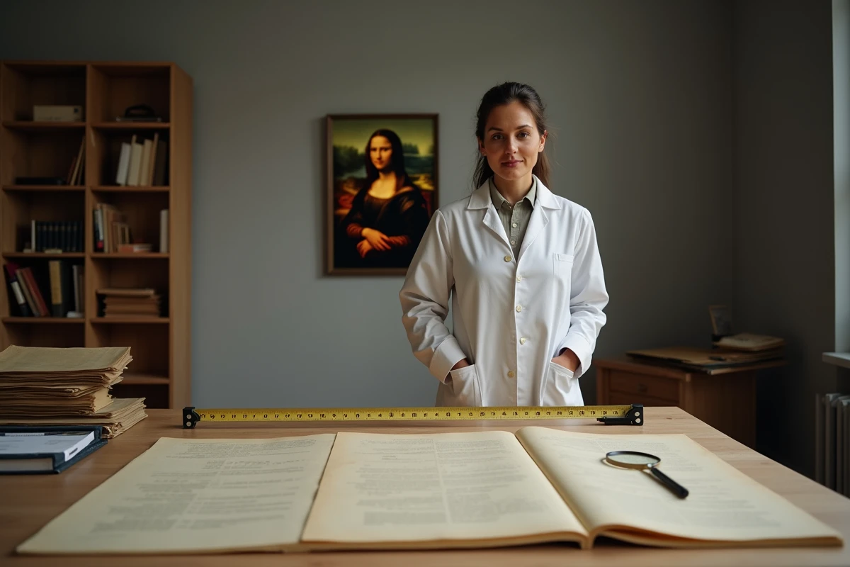 Conservatrice de musée consultant les mesures officielles de la Joconde avec une règle et des documents d'archives sur une table de conservation