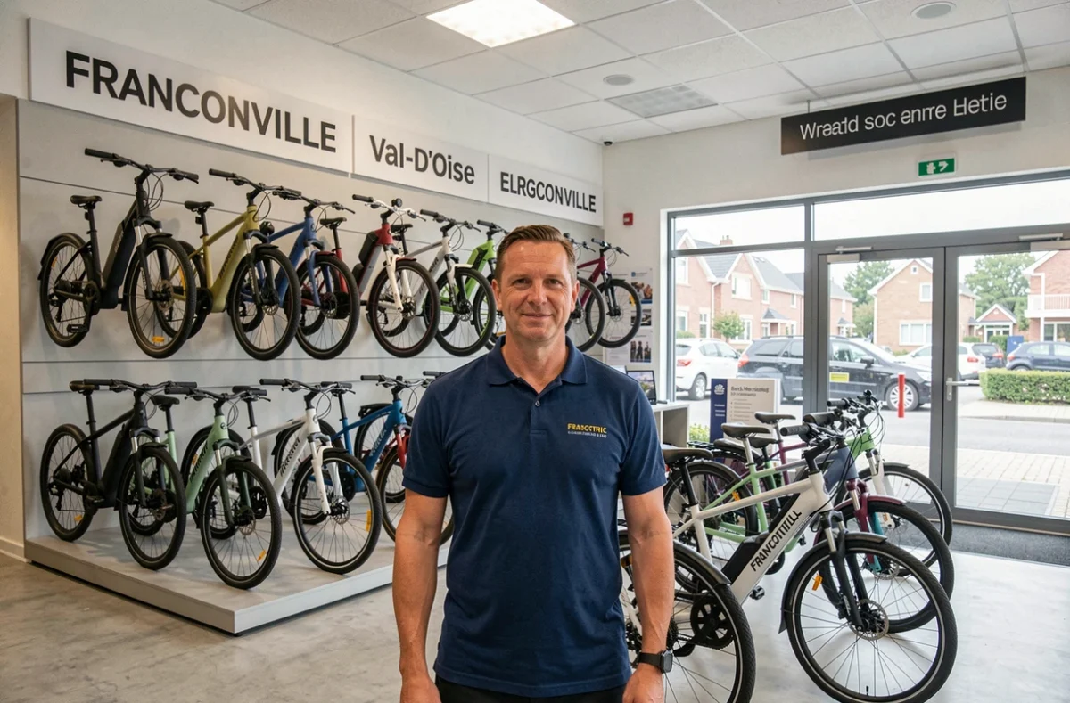Employé de Mondovélo à Franconville devant un large mur d'exposition de vélos électriques dans le magasin