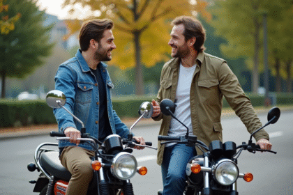 Deux hommes souriants avec motos classiques et modernes