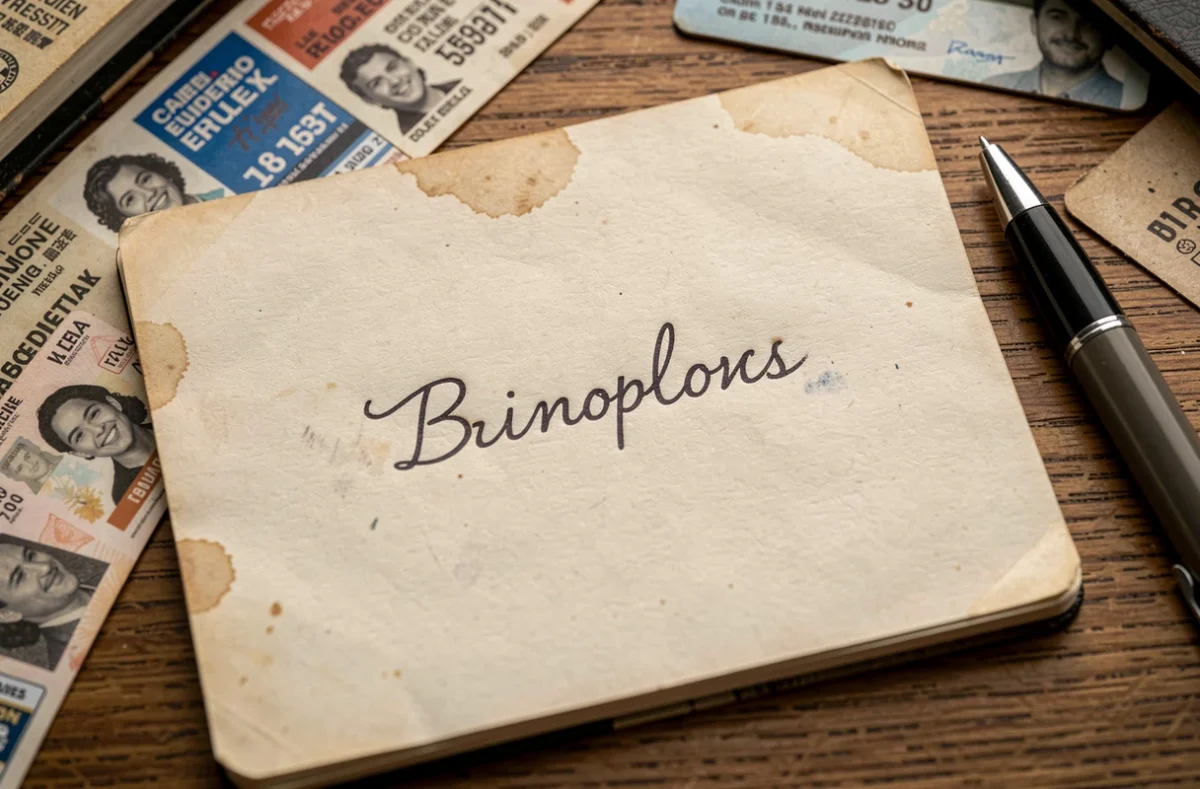 Gros plan d'un nom écrit à la main sur un carnet ouvert posé sur un bureau avec des souvenirs personnels
