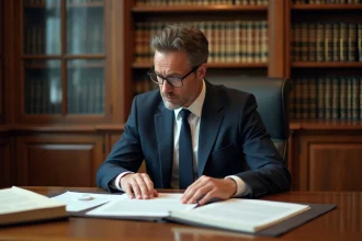 Notaire examinant un acte de propriété dans un bureau juridique en France, illustrant l'interprétation de l'article 544 en droit immobilier