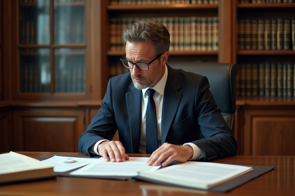 Notaire examinant un acte de propriété dans un bureau juridique en France, illustrant l'interprétation de l'article 544 en droit immobilier