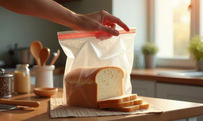 Pain frais coupé placé dans un sac congélation sur plan de travail lumineux