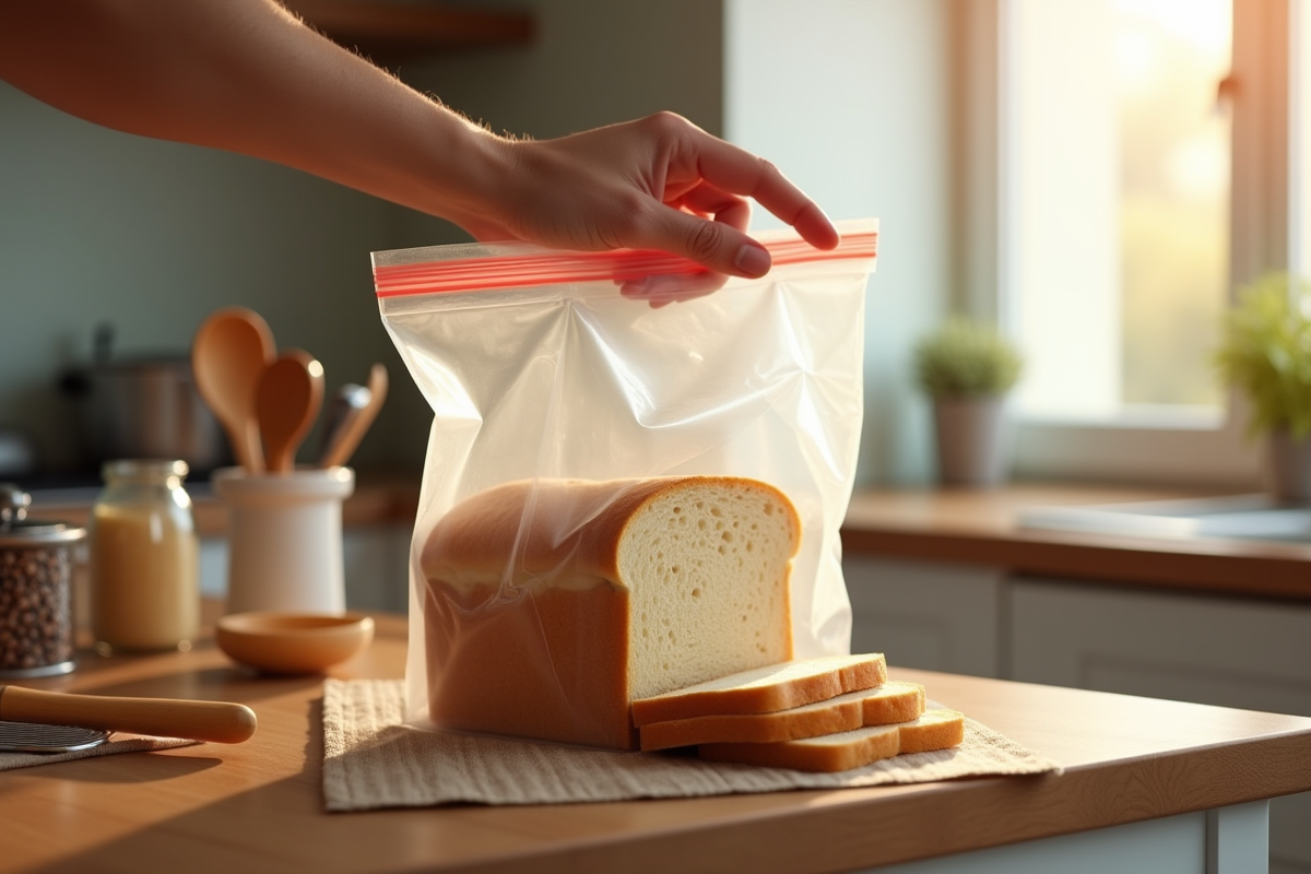Pain frais coupé placé dans un sac congélation sur plan de travail lumineux