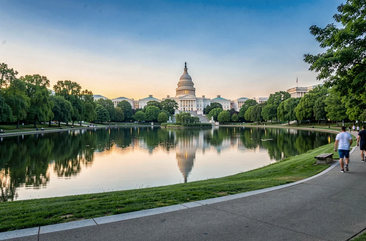 Panorama de Washington DC en été au crépuscule avec reflet du Capitole dans le Tidal Basin
