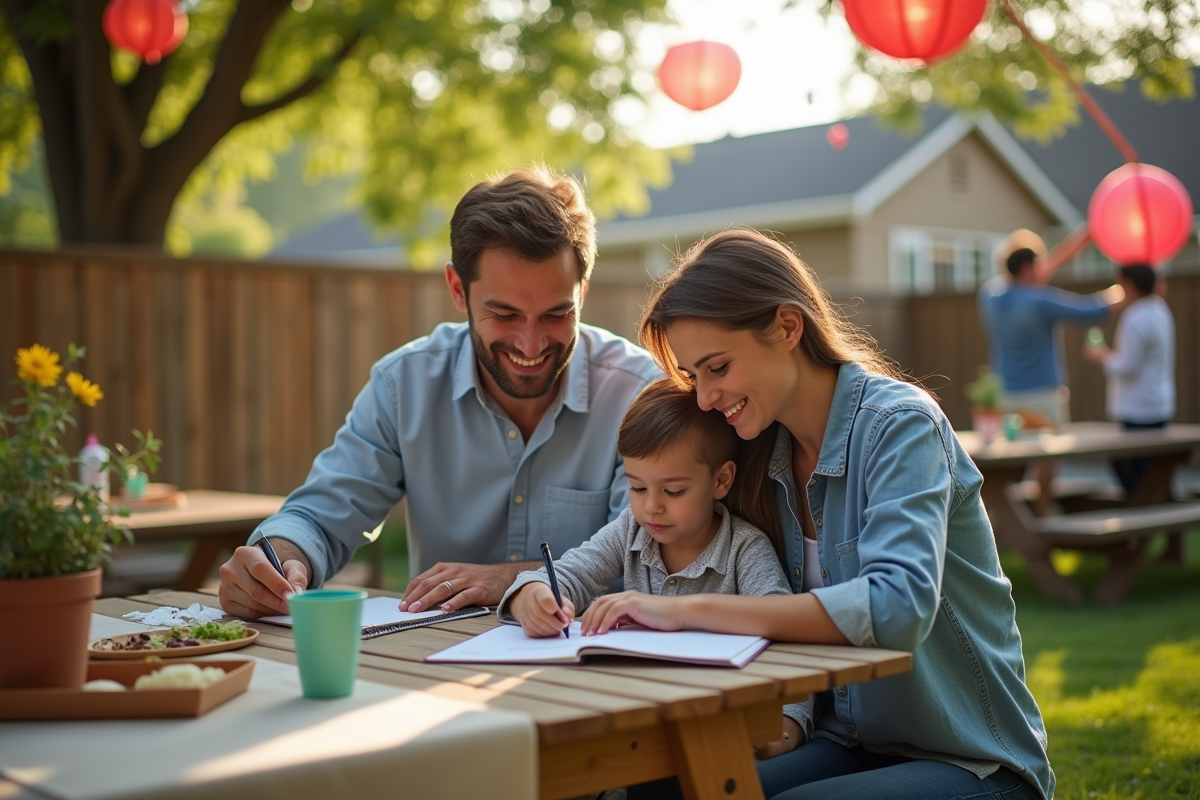 Parents aidant à suspendre des lanternes dans le jardin