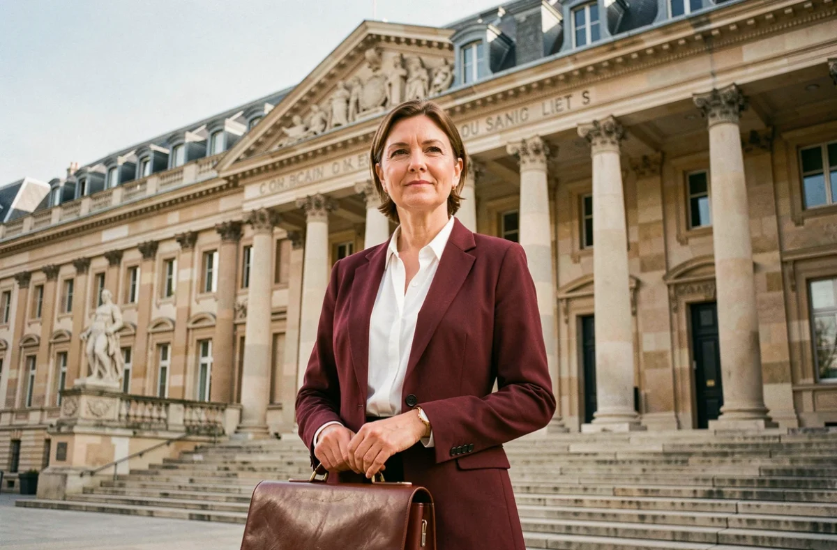 Avocate en blazer bordeaux tenant une mallette devant un palais de justice en pierre