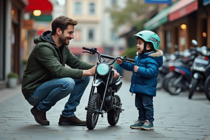 Pere et fils examinent une moto Piwi 50 devant un magasin