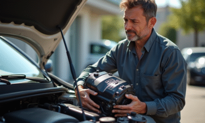 Personne tenant un moteur de voiture avec expression inquiète