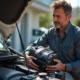 Personne tenant un moteur de voiture avec expression inquiète